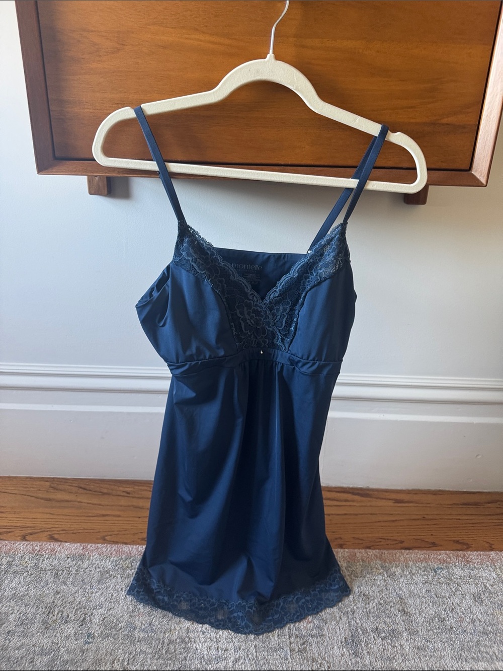 Montelle Navy Lace-Trim Satin Chemise with Adjustable Straps
